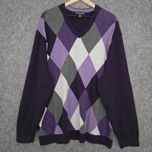 Roundtree & Yorke Sweater Mens 3X Purple Gray Argyle V Neck Cotton Pullover